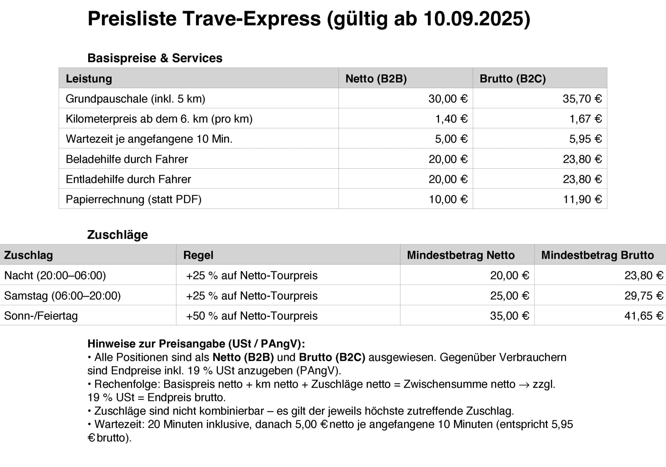 Preisliste Trave Express