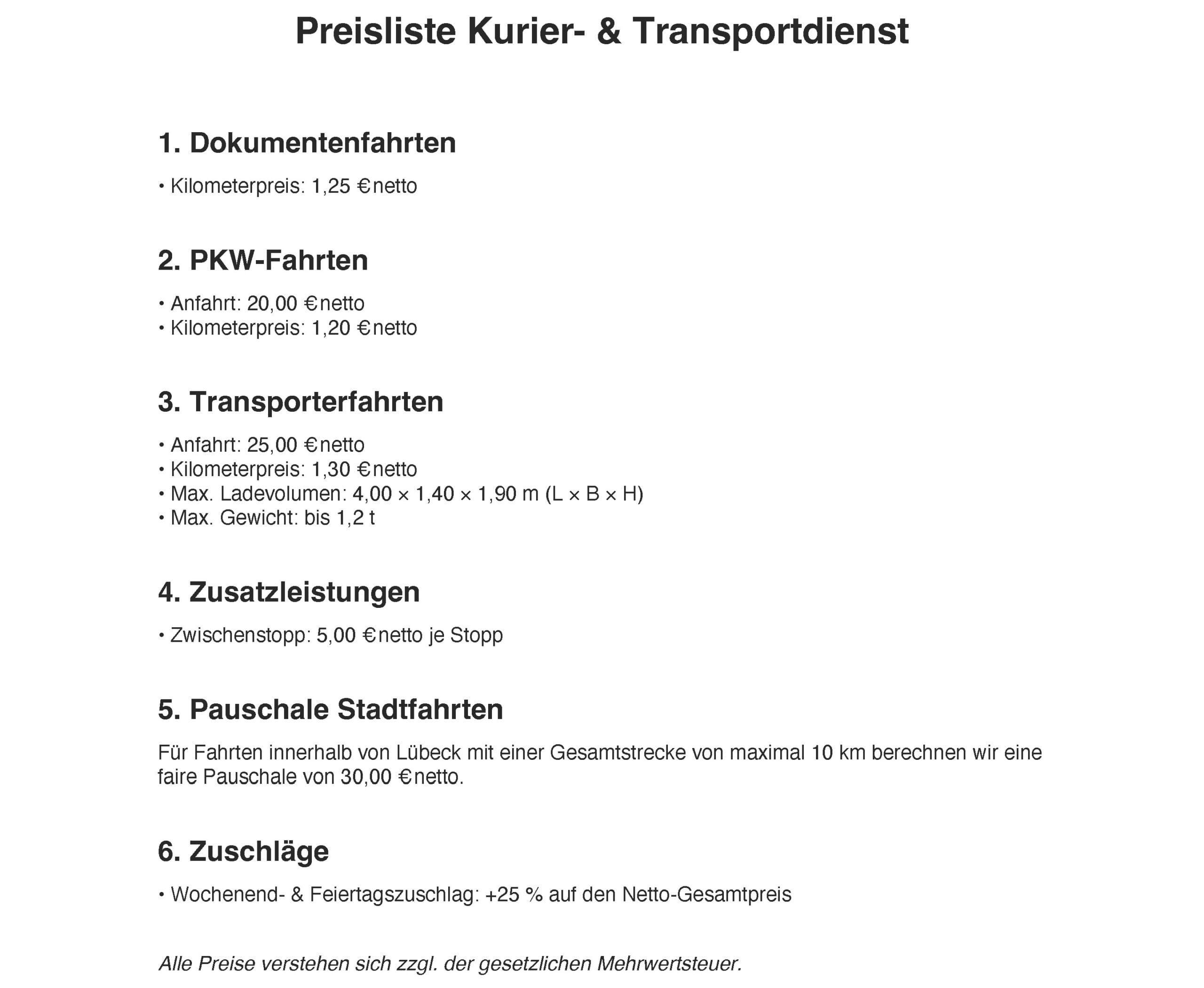 Preisliste Trave Express